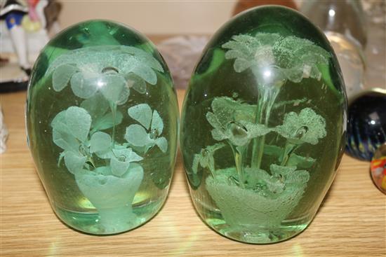 Two Stourbridge green glass air bubble dumps, three paperweights and a collection of glass and ceramic animals
